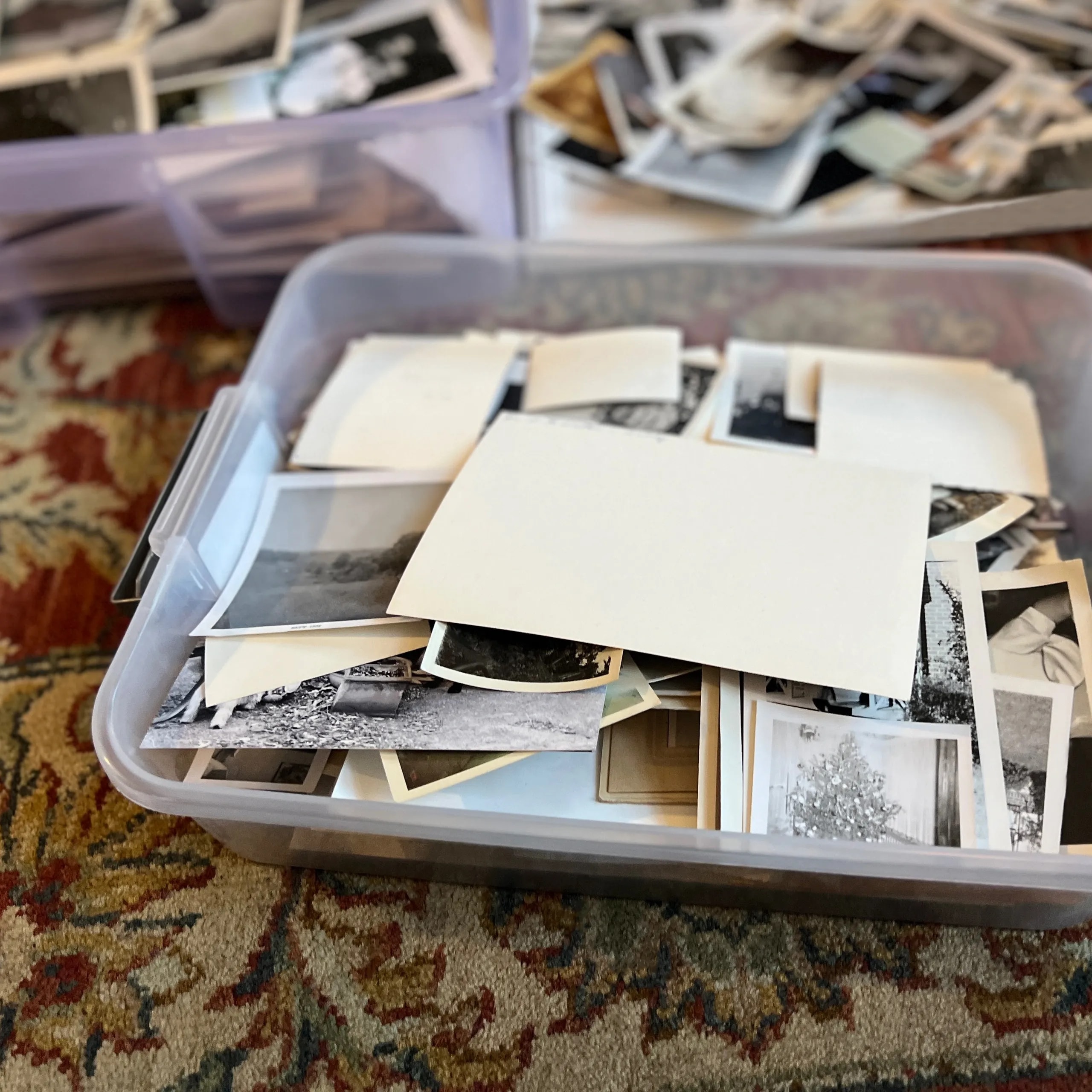 Organized photo prints in archival boxes